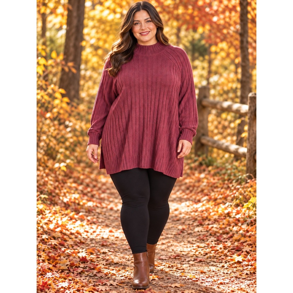 637. Cozy Size 3X Burgundy Ribbed Mock Neck Tunic Sweater Soft NWT